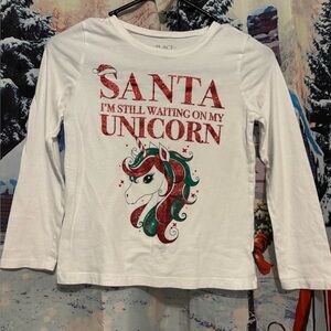 Place White Long Sleeve Shirt with Red and Green Unicorn Design